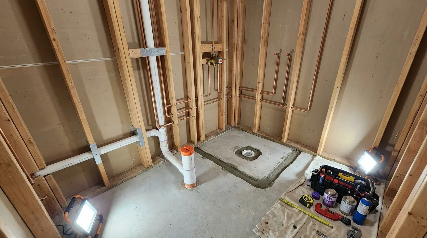 Bathroom rough-in plumbing during remodel by Johns Plumbing LLC in Redgranite