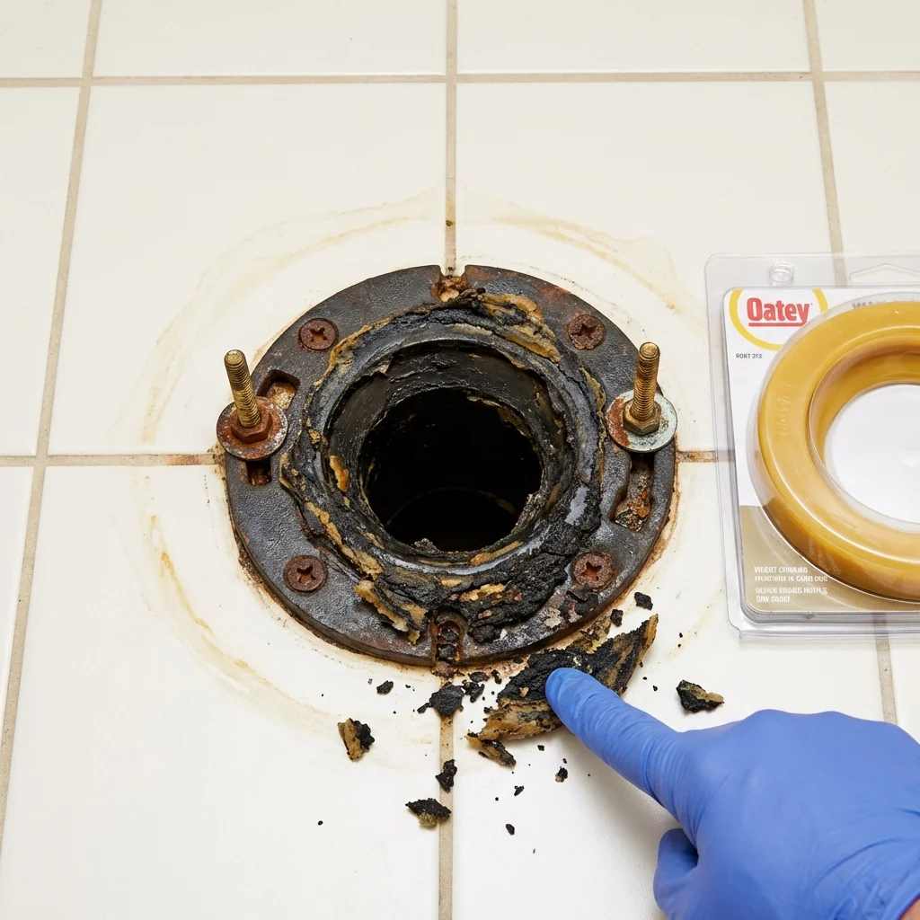 Failed wax ring showing water seepage at the base of a toilet in a Redgranite, WI home
