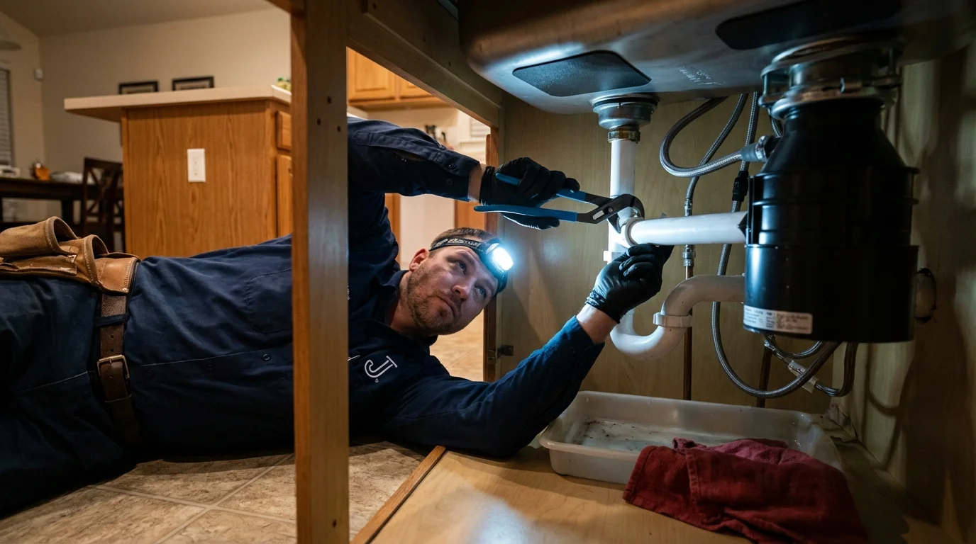 P-trap and supply line connections under a kitchen sink showing a common leak point in Redgranite, WI